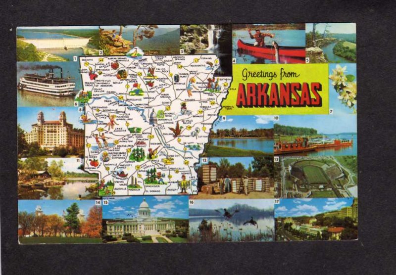 TX Greetings From Arkansas State Map Postcard Augusta Dumas Corning Forest City
