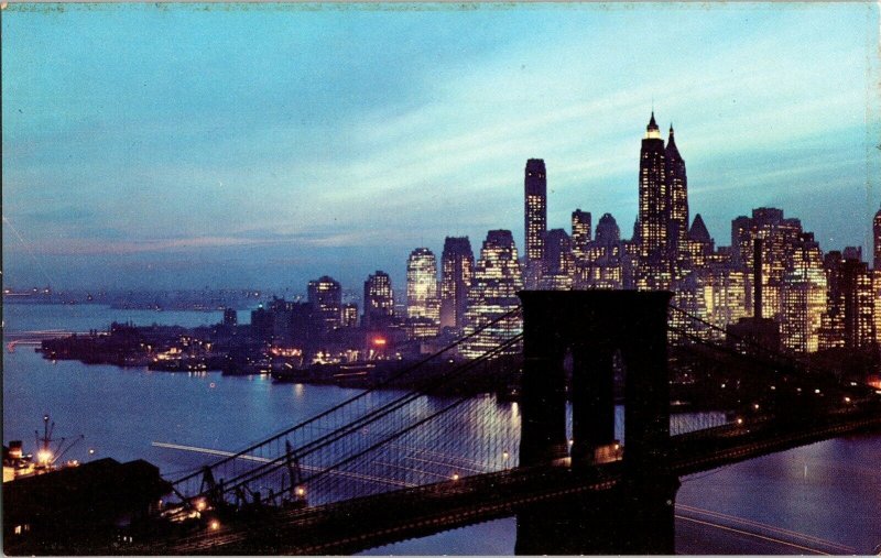 Nightfall Lower Manhattan Brooklyn Bridge New York City NYC Dexter Postcard Vtg 