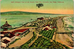 Vtg Postcard Birdseye View of Strand Tent City Coronado w Early Plane San Diego