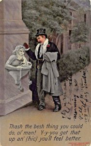 DRUNK MAN TALKING TO GARGOYLE WATER FOUNTAIN-GET THAT UP~1913 BAMFORTH POSTCARD
