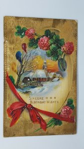 postcard Sincere Birthday Wishes Samson Brothers 7030 church scene flowers IA