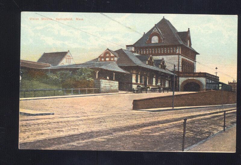 SPRINGFIELD MASSACHUSETTS RAILROAD DEPOT TRAIN STATION VINTAGE POSTCARD MASS.