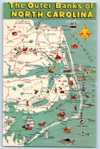 c1960 North Carolina NC Vintage Postcard Outer Banks Atlantic Ocean View Map