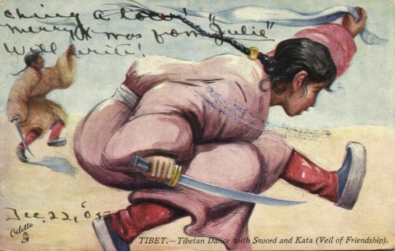 tibet thibet, Tibetan Dance with Sword and Kata (1905) Tuck Oilette Postcard