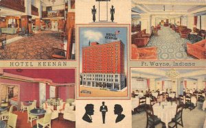 FT WAYNE, Indiana IN   HOTEL KEENAN Lobby~Cafe~Lounge ROADSIDE ca1940's Postcard
