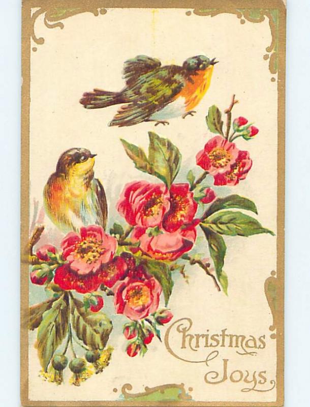 Pre-Linen christmas YELLOW BREASTED BIRDS WITH PINK FLOWERS HL0427