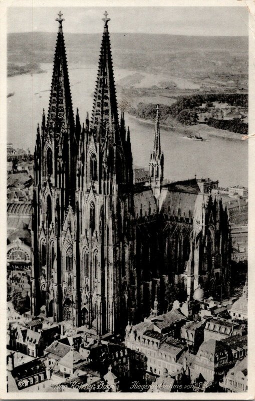 Deis Kolner Dom Church Cathedral Birds View BW WOB German Postcard PM Vintage 