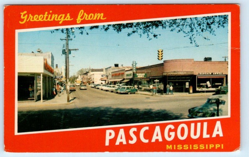 PASCAGOULA, Mississippi MS ~ STREET SCENE Bargain Annex 1950s Cars Postcard