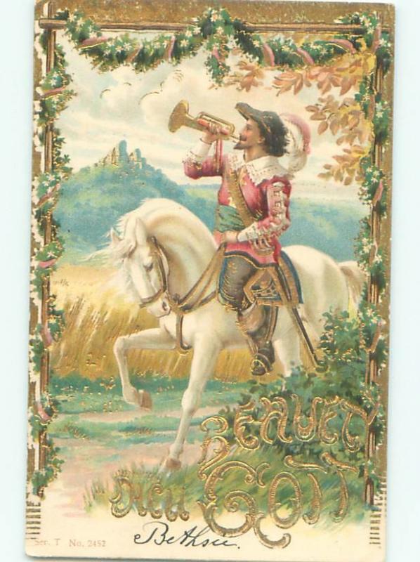 foreign c1910 Postcard MAN RIDING ON BEAUTIFUL WHITE HORSE AC2997