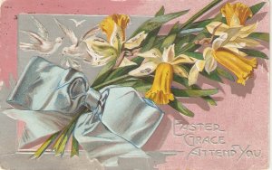 Doves. Flowers bouquet. Easter Message Nice old vintage American Easter Postca
