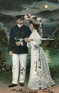 Man Dressed in Navy Uniform with Woman in White Dress Love, Vintage Postcard