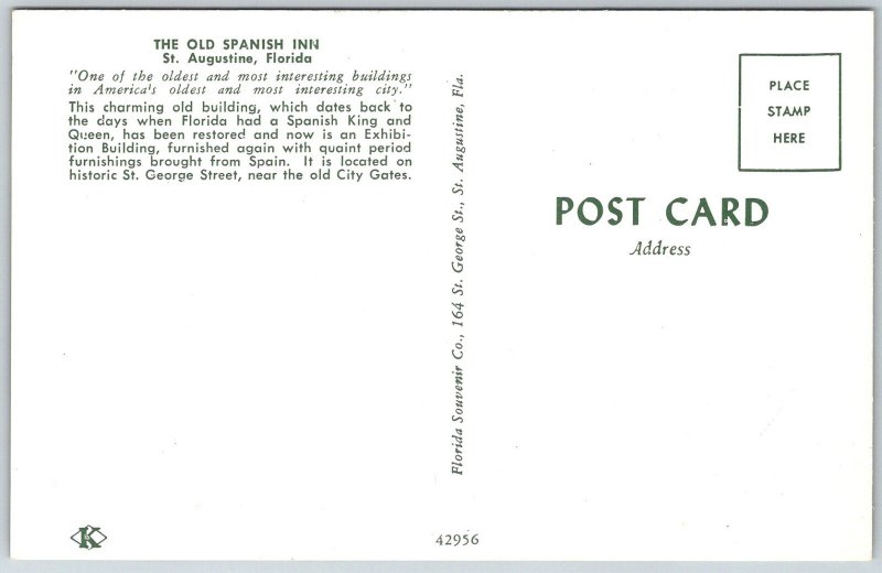 St. Augustine Florida 1950s Postcard The Old Spanish Inn