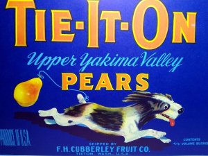 Tie It On Pears Fruit Crate Label Black White Dog Running 1950's Vintage Puppy 