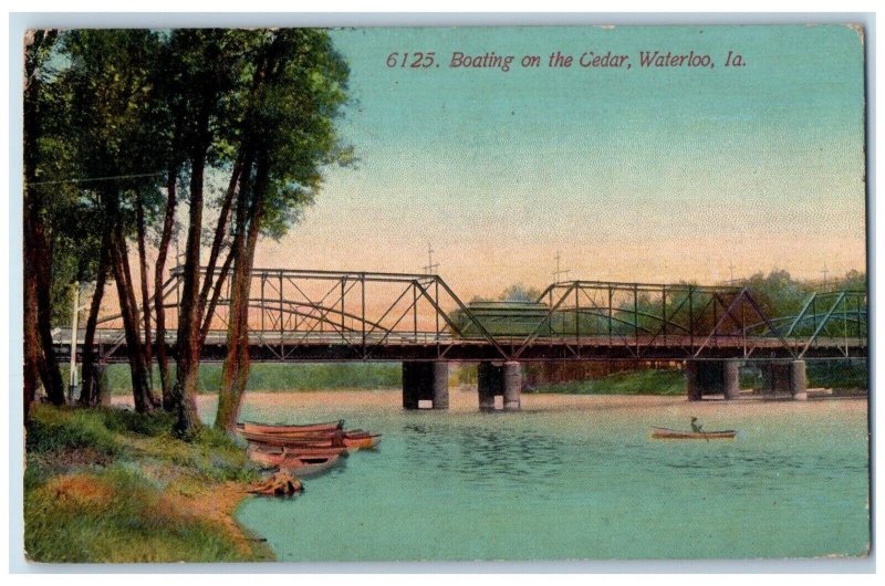 1912 Boating Cedar Canoe Boat Bridge Exterior River Lake Waterloo Iowa Postcard 