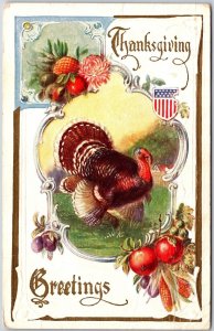 Thanksgiving Greetings Turkey Fruits With Calligraphy Design Postcard