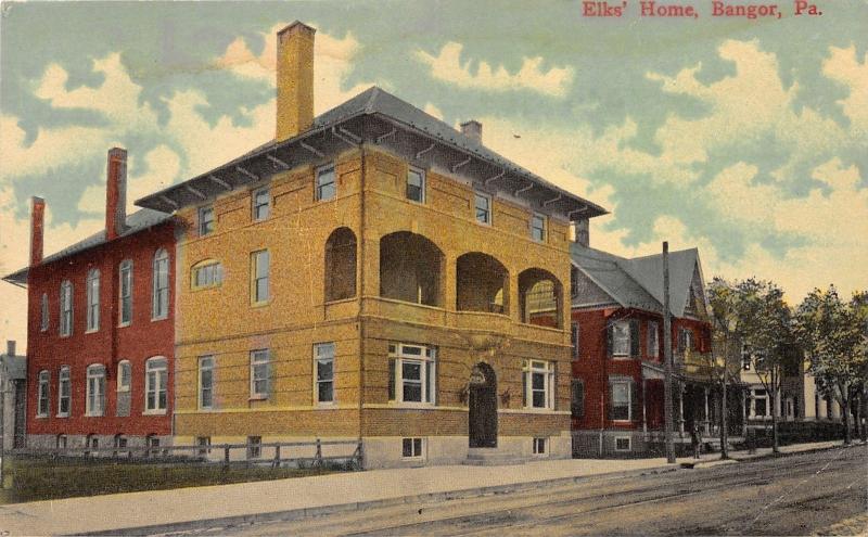 Bangor Pennsylvania~Elks' Home~Man on Sidewalk~Houses Next Door~Tracks in St~'10