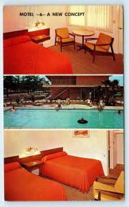 MOTEL 6~ A NEW CONCEPT  1967~ POOL    Multiview  Roadside Postcard