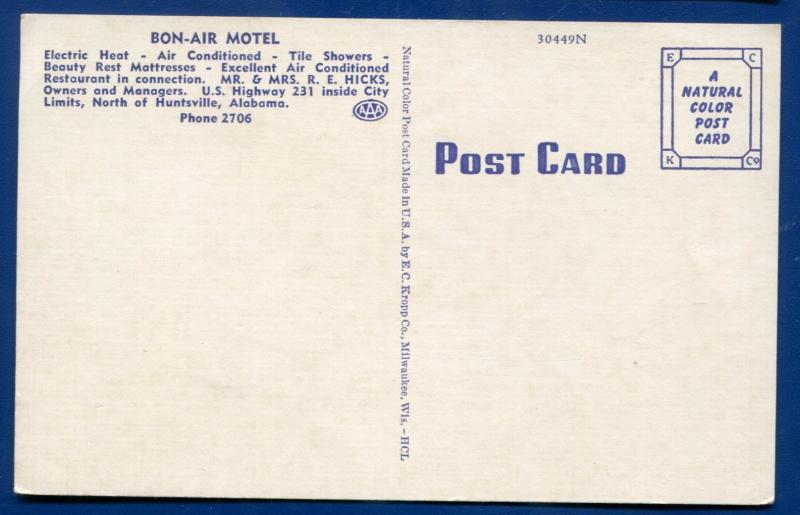 Bon-Air Motel US 231 Huntsville Alabama al roadside motel postcard