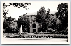Ames IA~Iowa State College Campus~Memorial Union~Fountain & hedges~1950 RPPC