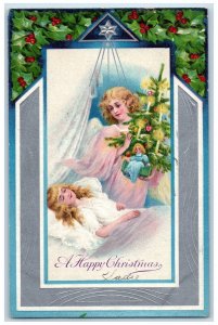 1907 Christmas Tree Angel Present Sleeping Girl Holly Berries Embossed Postcard