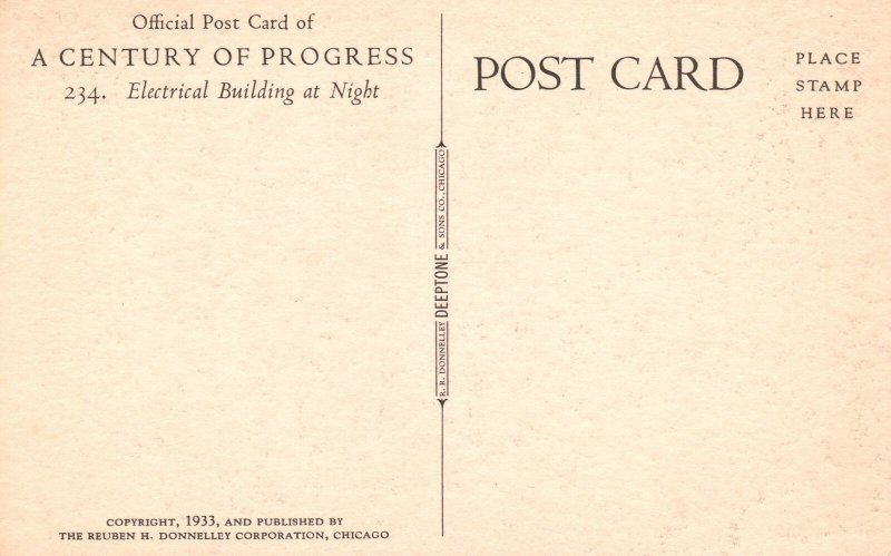 Vintage Postcard 1920s Electrical Building at Night Century Progress Chicago ILL