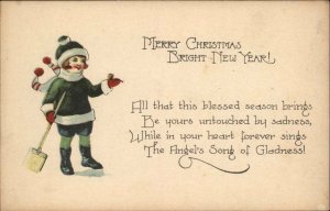 Christmas Children Shoveling Vintage Postcard