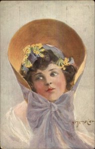 Nemejen - Beautiful Woman Bonnet Hat Purple Bow c1910 Postcard