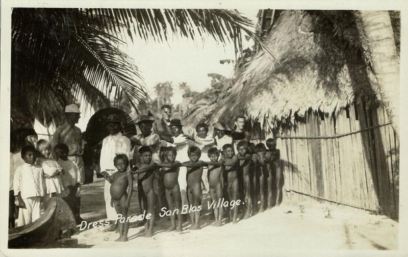 panama, SAN BLAS Island, Village Scene, Native Boys Parade (1930s) RPPC Postcard