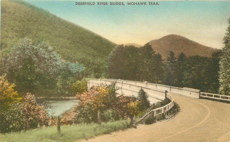 Collotype Deerfield River Bridge 1920s Mohawk Trail hand colored postcard 5500