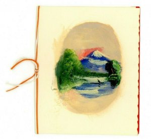 Japanese Hand Painted Christmas New Year Card Cord Water Mountain Church VTG JG3 