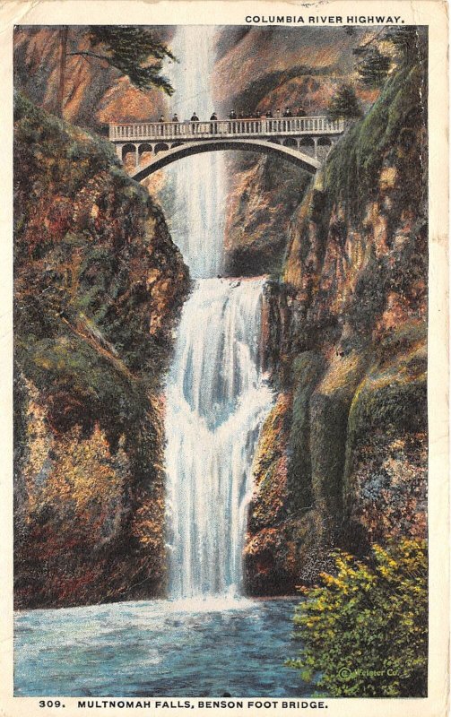 Columbia River Oregon 1916 Postcard Multnomah Falls Benson Foot Bridge