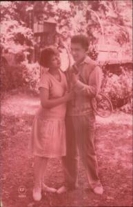Tennis Romance Lovers Old Rackets Pink Tint Real Photo Psotcard