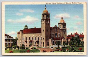 Texas~Corpus Christi Cathedral~Tower~Spanish Colonial Revival~Linen 1940s PC