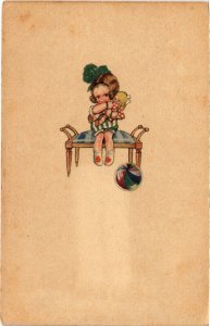 PC ARTIST SIGNED, GIRL WITH A DOLL AND BALL, Vintage Postcard (b46295)