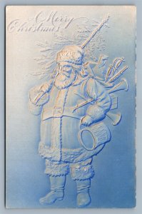 SANTA w/ TOYS DRUM CHRISTMAS TREE ANTIQUE EMBOSSED POSTCARD