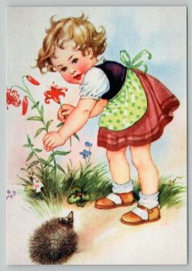 LITTLE GIRL collect flowers Hedgehog Russian Modern Postcard