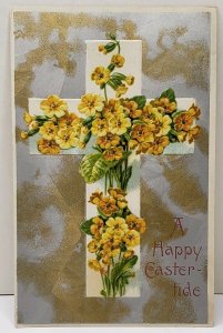 Happy Easter Tide Cross Flowers Shimmer Gold Silver 1909 New Hamp. Postcard A12