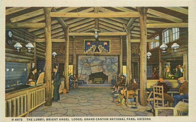 Bright Angel Lodge Grand Canyon Arizona Lobby Harvey 1940s Postcard 20-7163