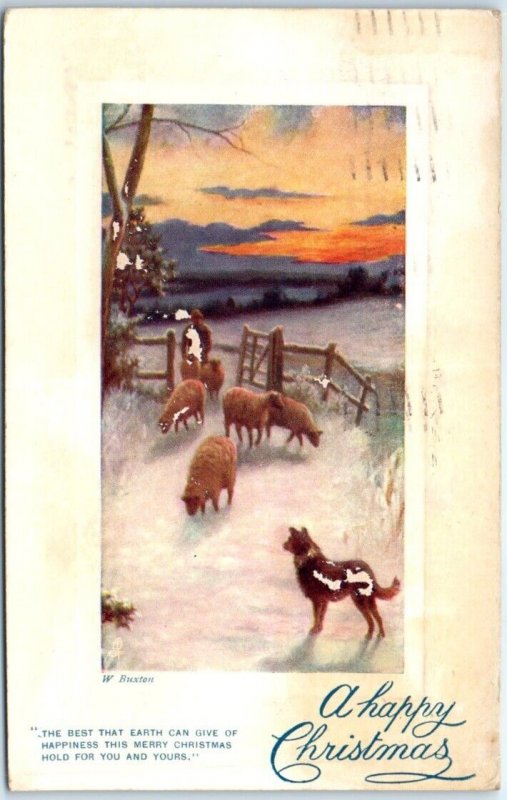 A Happy Christmas with Message and Art By W. Buxton - Christmas Greeting Card