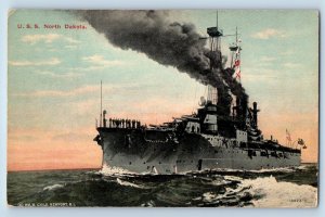 c1910 U.S.S North Dakota Battleship Sailing Steam Boat US Navy Military Postcard