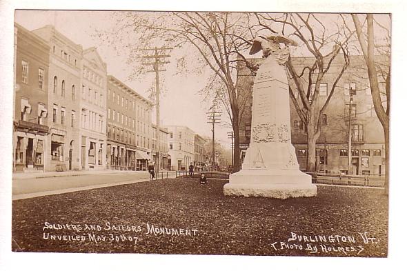 Real Photo, Downtown, Soldiers, Sailors Monument 1907, Burlington, Vermont