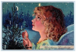 Christmas Greetings Angel Holding Candle Lights Crescent Stars Embossed Postcard