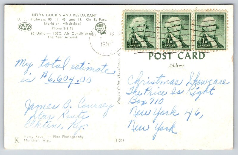 Roadside~Meridian Mississippi~Nelva Courts~Restaurant~Powerlines~Sign~1958 PC