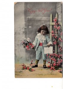 Happy New Year, Small Boy with Bouquet of Flowers, Used 1912