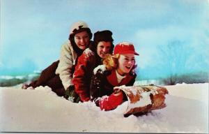 Three Girls and Toboggan Young Women Snow Winter UNUSED Vintage Postcard D96