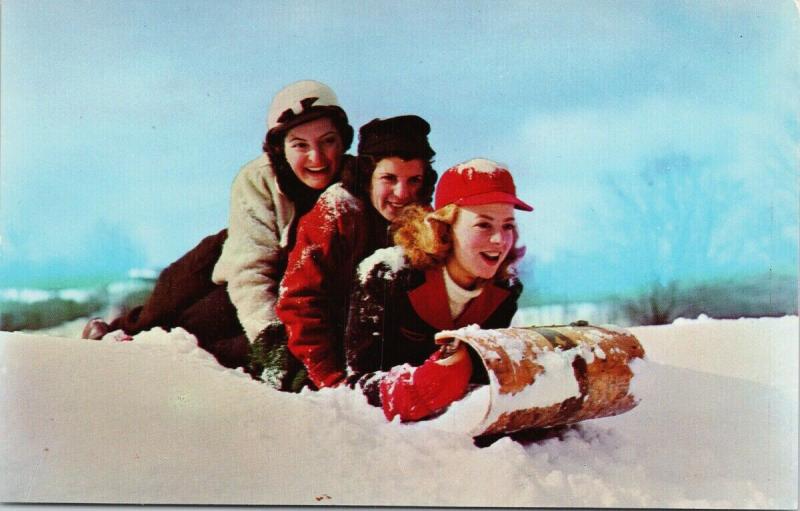 Three Girls and Toboggan Young Women Snow Winter UNUSED Vintage Postcard D96