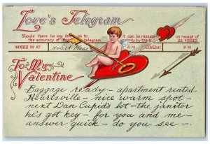 c1910's Valentine Love's Telegram Cupid Angel Arrow Key Winsch Back Postcard 
