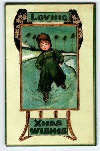 Christmas Postcard Dutch Boy Ice Skating Ivy M. James Series 522 Tuck Vintage