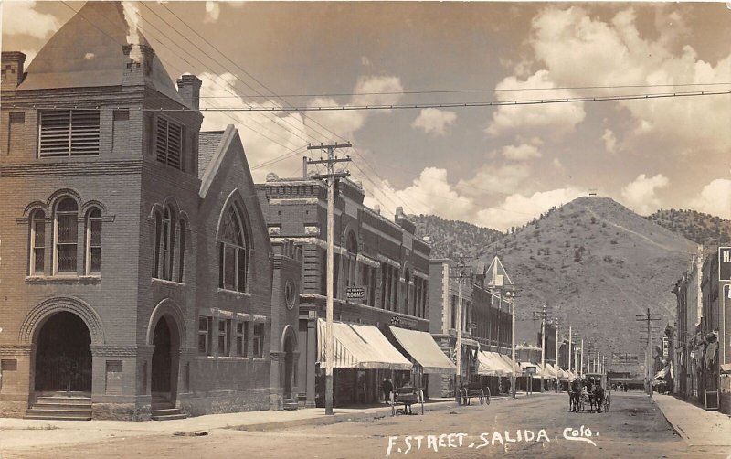 J34/ Salida Colorado RPPC Postcard c1910 F. Street Stores Wagon Building 227