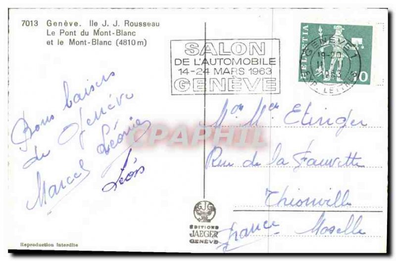 Postcard Old Geneva Island J J Rousseau The bridge of Mont Blanc and Mont Blanc